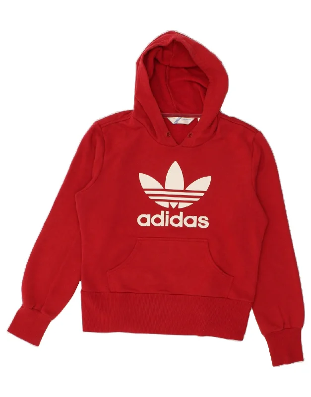 ADIDAS Womens Graphic Hoodie Jumper EU 40 Medium Red Cotton Hoodie with Rolled Sleeves Casual Relaxed