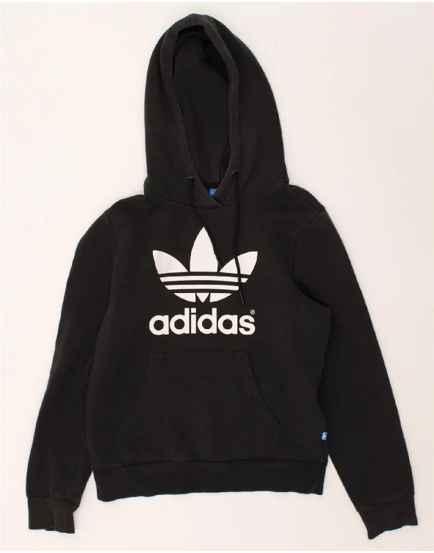 ADIDAS Womens Graphic Hoodie Jumper UK 10 Small Black Cotton Hoodie with Puffed Sleeves Voluminous Trendy