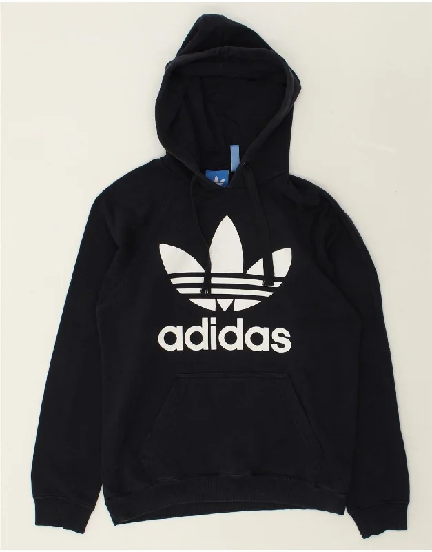 ADIDAS Womens Graphic Hoodie Jumper UK 10 Small Navy Blue Cotton Hoodie with Typography Text Message