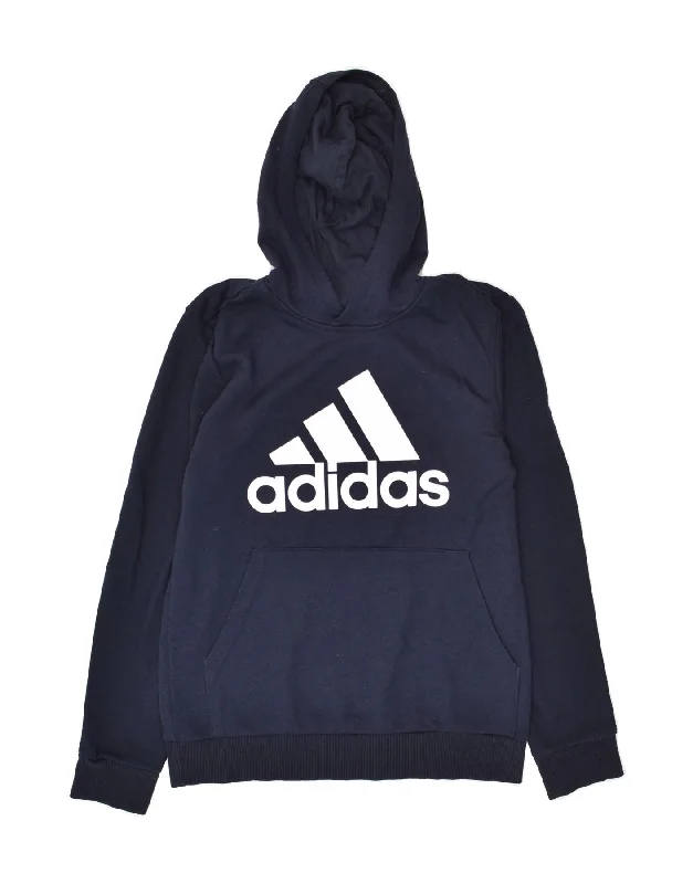 ADIDAS Womens Graphic Hoodie Jumper UK 10 Small Navy Blue Cotton Hoodie with Hood Adjustable Protection