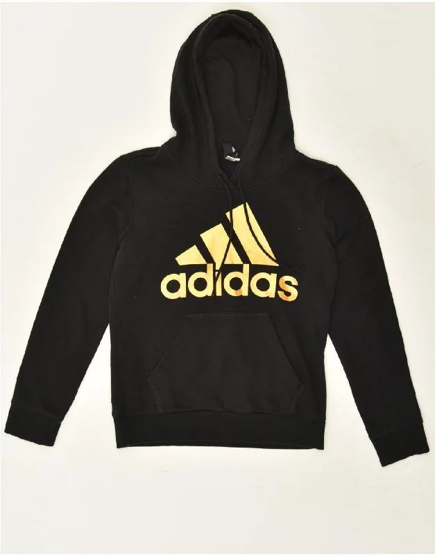 ADIDAS Womens Graphic Hoodie Jumper UK 12 Medium Black Cotton Hoodie with Contrast Stitching Detailed Premium