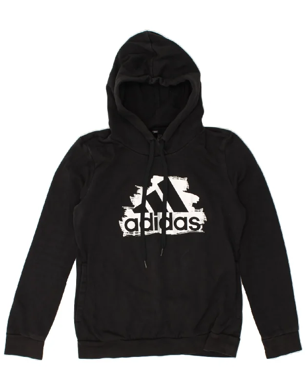 ADIDAS Womens Graphic Hoodie Jumper UK 12 Medium Black Cotton Hoodie with Emblem Brand Identity