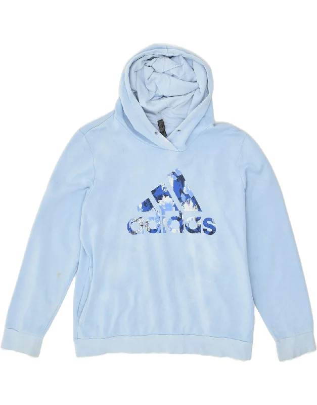 ADIDAS Womens Graphic Hoodie Jumper UK 14/16 Large Blue Cotton Hoodie with Crew Neck Simple Timeless