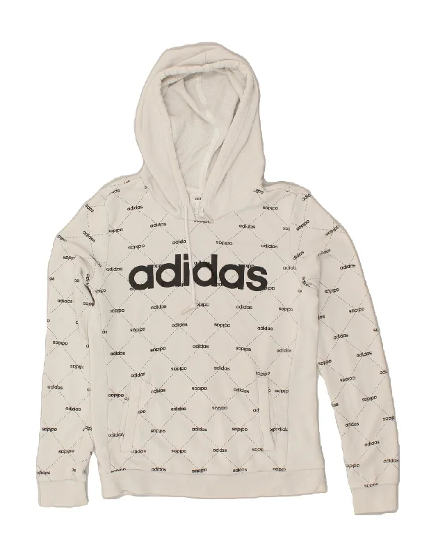 ADIDAS Womens Graphic Hoodie Jumper UK 4/6 XS White Cotton Hoodie with Hem Fringe Bohemian Relaxed