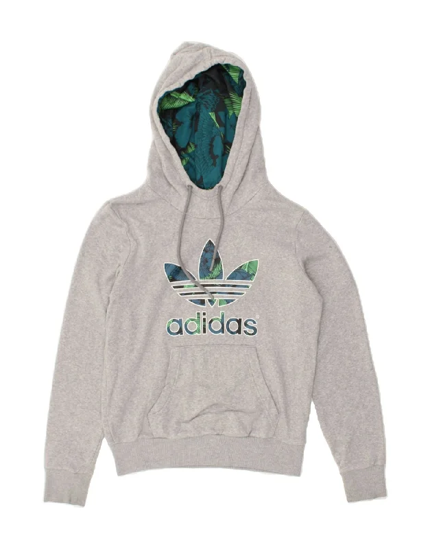 ADIDAS Womens Graphic Hoodie Jumper UK 8 Small Grey Cotton Hoodie with Side Slits Relaxed Casual