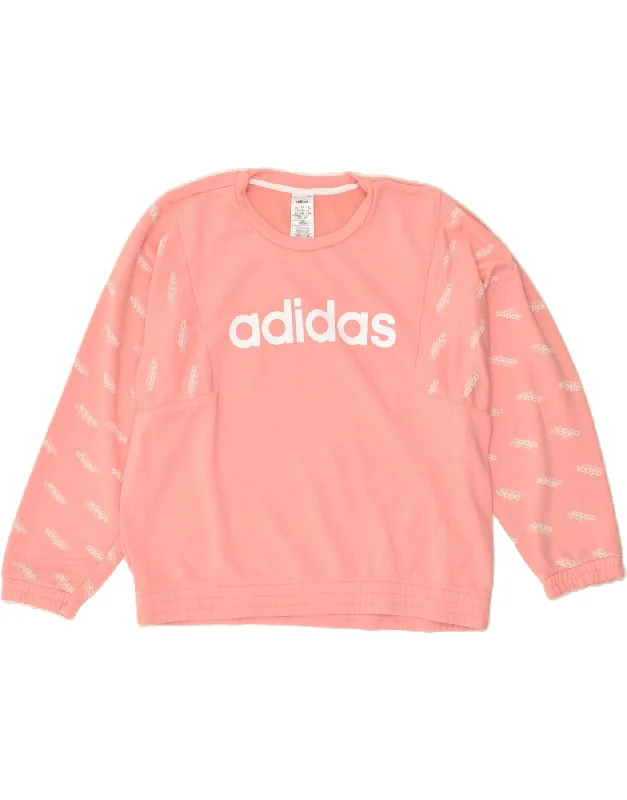 ADIDAS Womens Graphic Sweatshirt Jumper UK 16/18 Large Pink Cotton Hoodie with Embroidery Detailed Premium