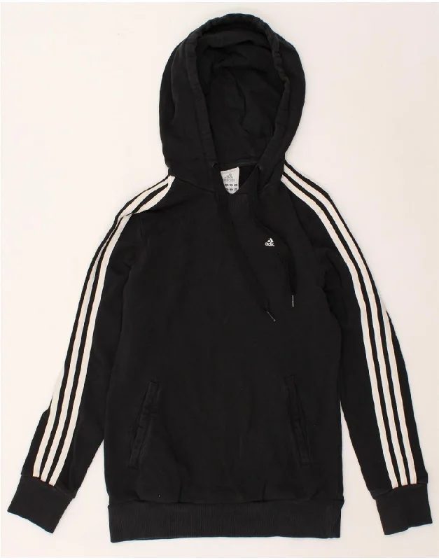 ADIDAS Womens Hoodie Jumper UK 8/10 Small Black Hoodie with Hem Frayed Vintage Worn