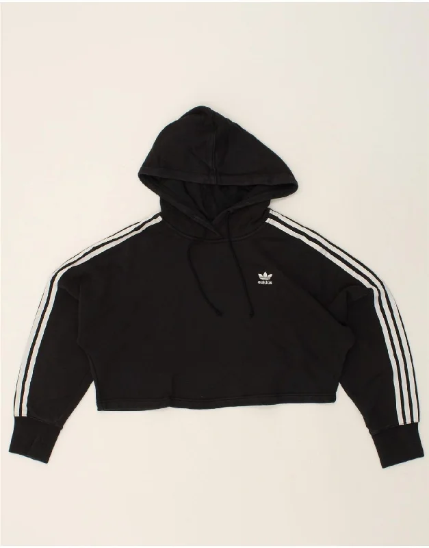 ADIDAS Womens Oversized Crop Hoodie Jumper UK 6 XS Black Cotton Hoodie with Thumb Holes Functional Cozy