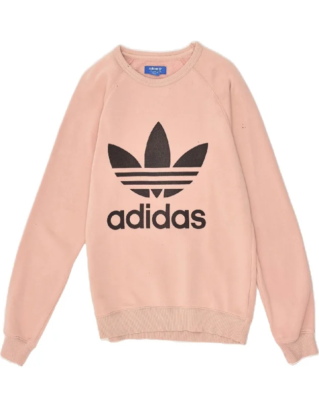 ADIDAS Womens Oversized Graphic Sweatshirt Jumper UK 6 XS Pink Cotton Hoodie with Half-Zip Sporty Casual