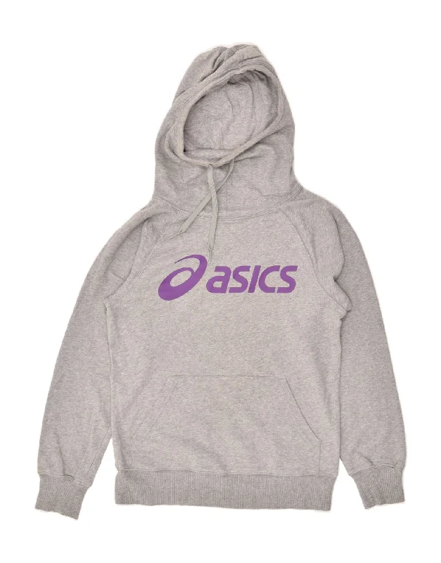 ASICS Womens Graphic Hoodie Jumper UK 14 Medium Grey Cotton Hoodie with Zipper Versatile Modern