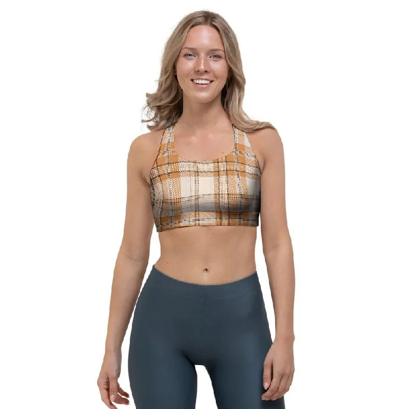 Beige Plaid Tartan Print Sports Bra Sexy Mesh Bra