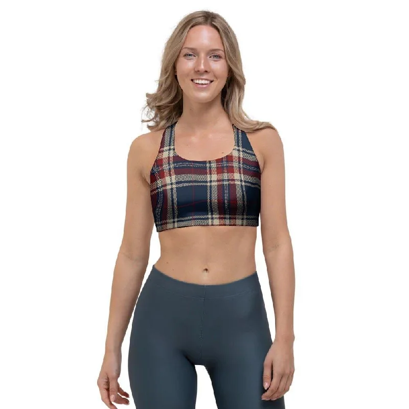 Beige Red And Blue Plaid Tartan Sports Bra Soft Lace Bra