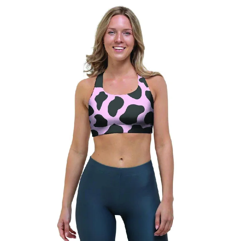 Black And Pink Cow Print Sports Bra Active Support Bra