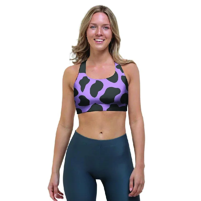 Black And Purple Cow Print Sports Bra Stretchy Full Coverage