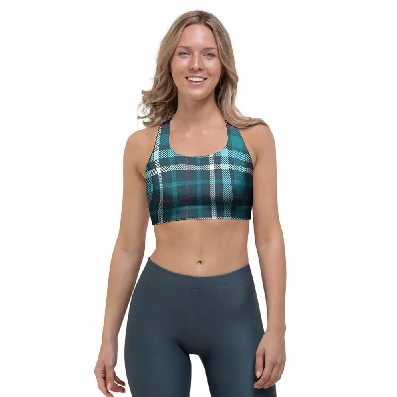 Blue Aqua Plaid Tartan Sports Bra Comfortable Active Bra