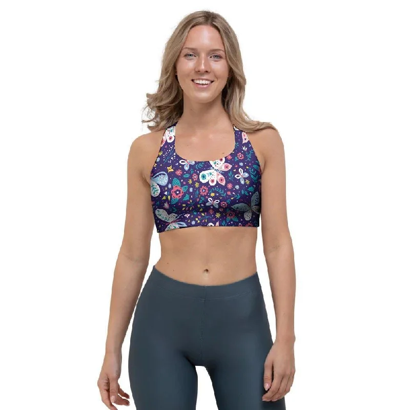 Blue Butterfly Floral Print Sports Bra Push-Up Padded Bra