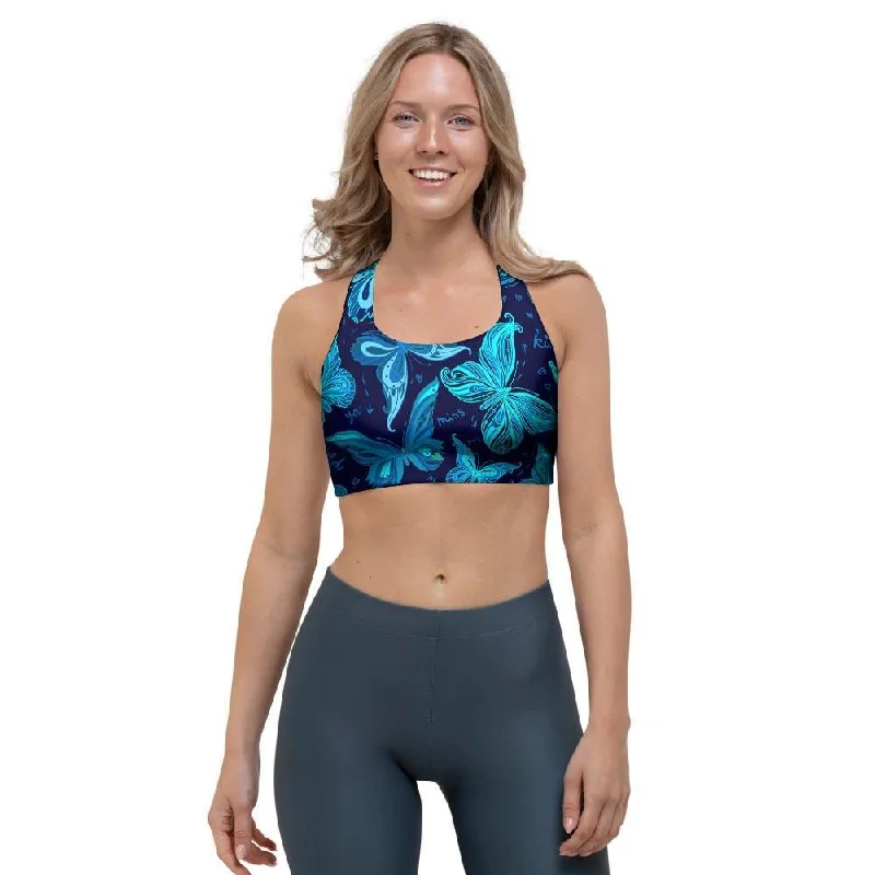 Blue Butterfly Print Sports Bra Soft Cotton Bra