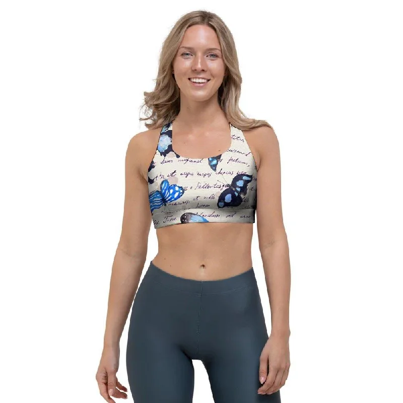 Blue Butterfly Watercolor Print Sports Bra Seamless Push-Up Bra