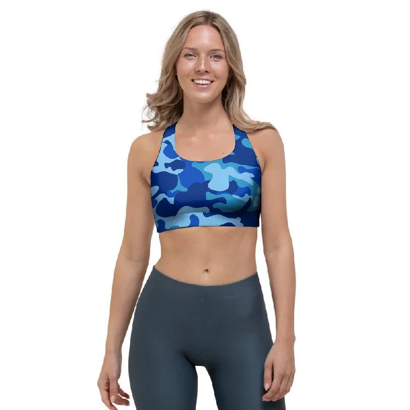 Blue Camo Print Sports Bra Soft Mesh Bra