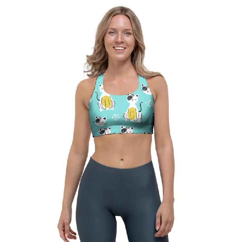 Blue Cat Print Sports Bra Adjustable Comfort Bra