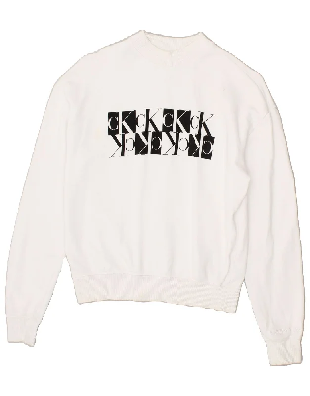 CALVIN KLEIN JEANS Womens Graphic Sweatshirt Jumper UK 6 XS White Cotton Hoodie with Slim Fit Tailored Modern