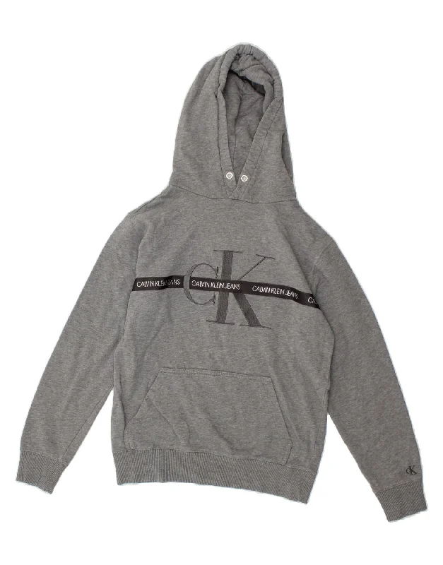 CALVIN KLEIN Womens Graphic Hoodie Jumper UK 10 Small Grey Cotton Hoodie with Relaxed Fit Easy Casual