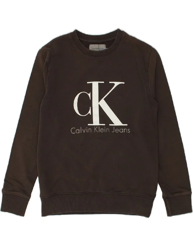 CALVIN KLEIN Womens Graphic Sweatshirt Jumper UK 10 Small Brown Cotton Hoodie with Hem Embroidery Detailed Premium