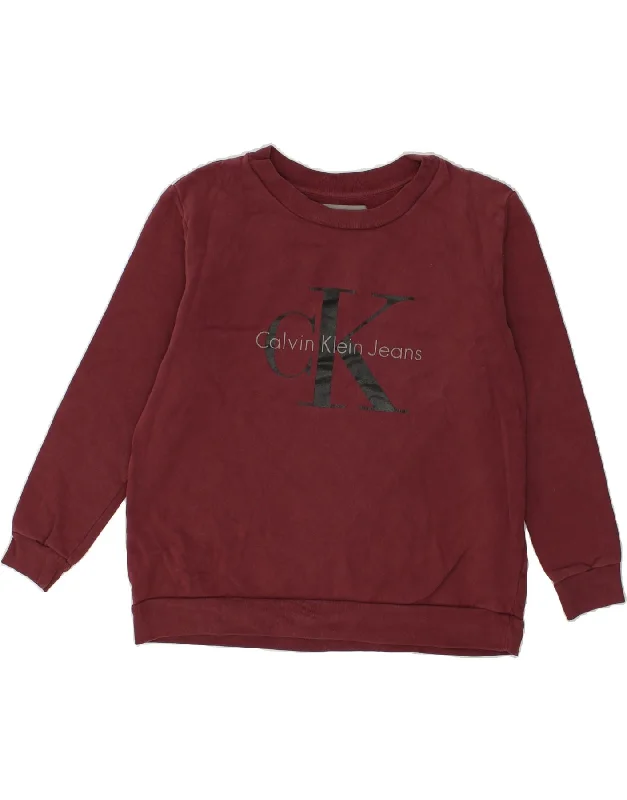 CALVIN KLEIN Womens Graphic Sweatshirt Jumper UK 14 Medium Maroon Cotton Hoodie with Hem Lace Feminine Delicate