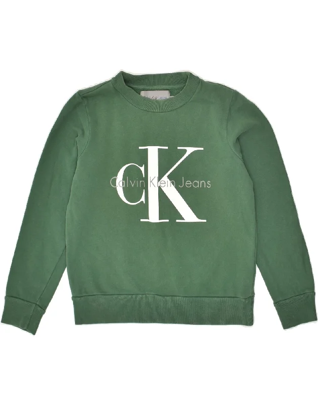 CALVIN KLEIN Womens Graphic Sweatshirt Jumper UK 6 XS Green Cotton Hoodie with Ribbed Hem Stretchable Secure