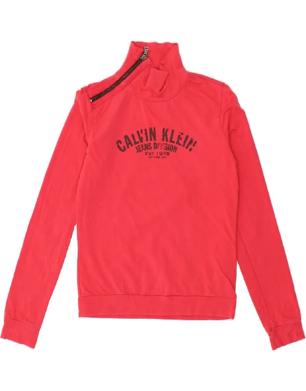 CALVIN KLEIN Womens Graphic Zip Neck Sweatshirt Jumper UK 12 Medium Red Hoodie with Applique Textured Unique