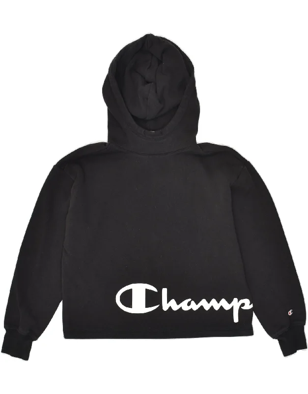 CHAMPION Womens Crop Graphic Hoodie Jumper UK 10 Small Black Cotton Hoodie with Cropped Fit Short Trendy