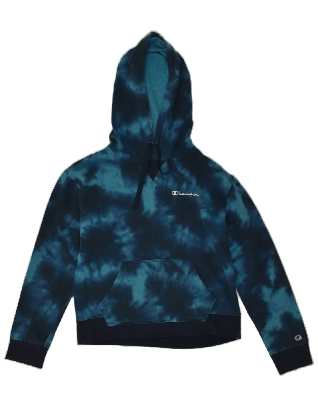 CHAMPION Womens Crop Graphic Hoodie Jumper UK 14 Medium Navy Blue Tie Dye Hoodie with Thumb Holes Functional Cozy