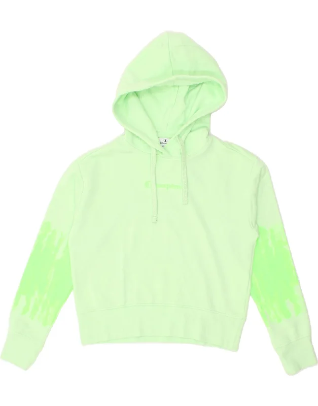 CHAMPION Womens Graphic Hoodie Jumper UK 10 Small Green Cotton Hoodie with Rolled Sleeves Casual Relaxed