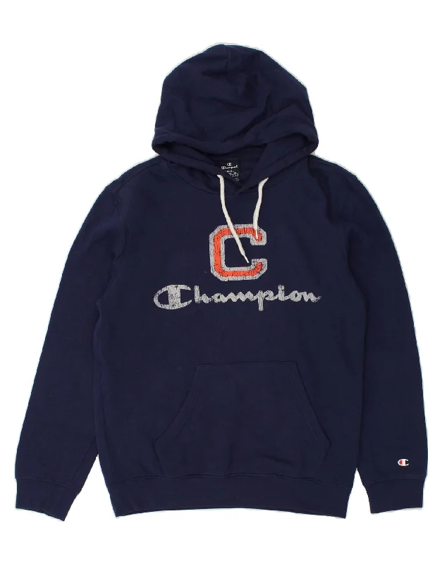 CHAMPION Womens Graphic Hoodie Jumper UK 10 Small Navy Blue Cotton Hoodie Crop Top Short Trendy