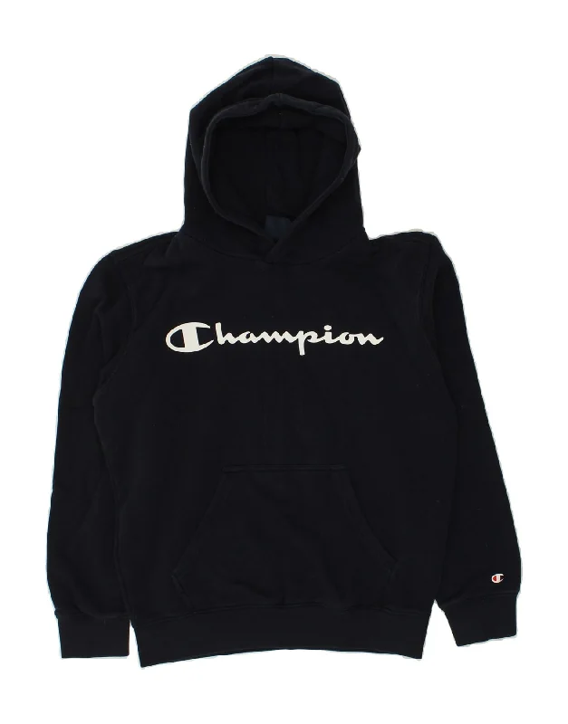 CHAMPION Womens Graphic Hoodie Jumper UK 10 Small Navy Blue Cotton Hoodie with Hem Contrast Bold Stylish