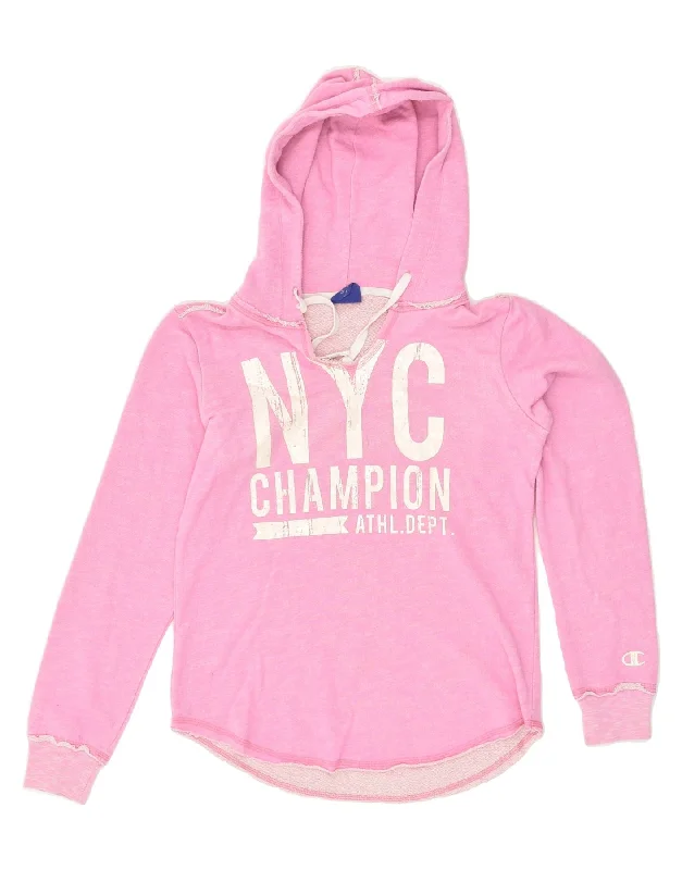 CHAMPION Womens Graphic Hoodie Jumper UK 10 Small Pink Cotton Hoodie with Belted Waist Structured Tailored