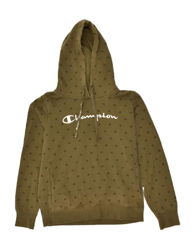 CHAMPION Womens Graphic Hoodie Jumper UK 14 Large Khaki Cotton Hoodie Dress Longline Feminine