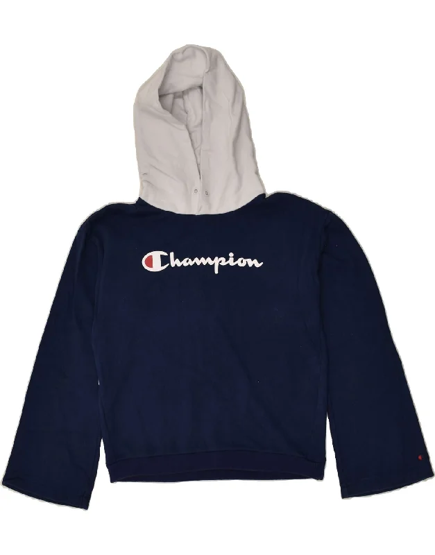 CHAMPION Womens Graphic Hoodie Jumper UK 14 Medium Navy Blue Colourblock Oversized Hoodie Comfort Casual