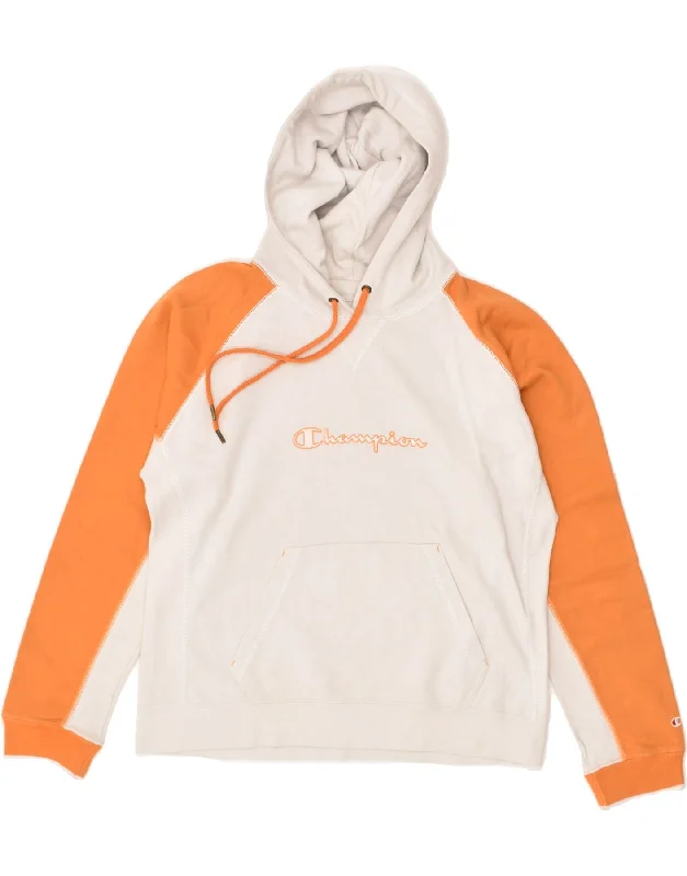 CHAMPION Womens Graphic Hoodie Jumper UK 14 Medium Orange Colourblock Cotton Hoodie Fleece Lining Warmth