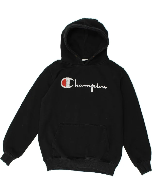 CHAMPION Womens Graphic Hoodie Jumper UK 16 Large Black Cotton Hoodie with Toggle Buttons Decorative Unique