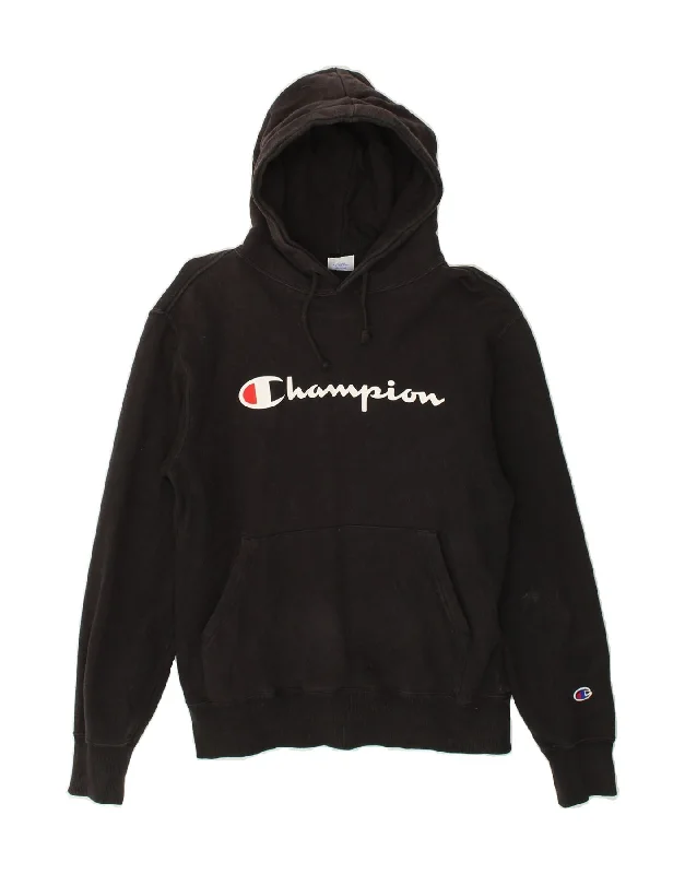 CHAMPION Womens Graphic Hoodie Jumper UK 16 Large Black Hoodie with Set-In Sleeves Structured Classic