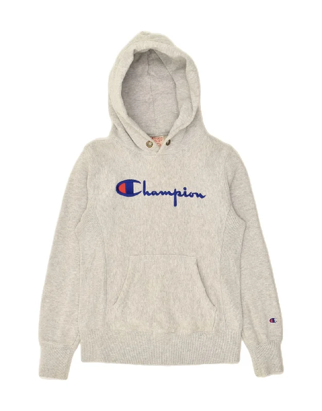 CHAMPION Womens Graphic Hoodie Jumper UK 8 Small Grey Cotton Hooded Sweatshirt Casual Wear Street Style