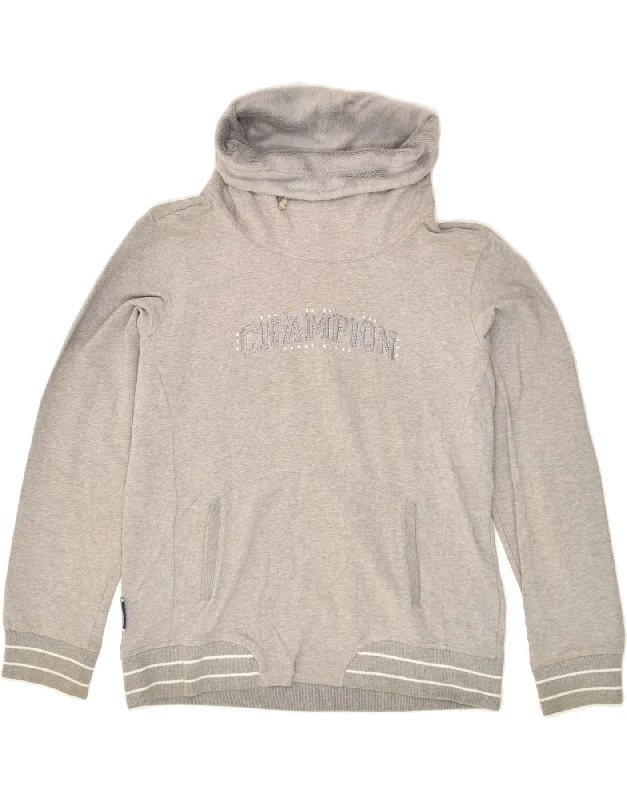 CHAMPION Womens Graphic Roll Neck Sweatshirt Jumper UK 18 XL Grey Cotton Hoodie with Hem Drawcord Adjustable Customizable