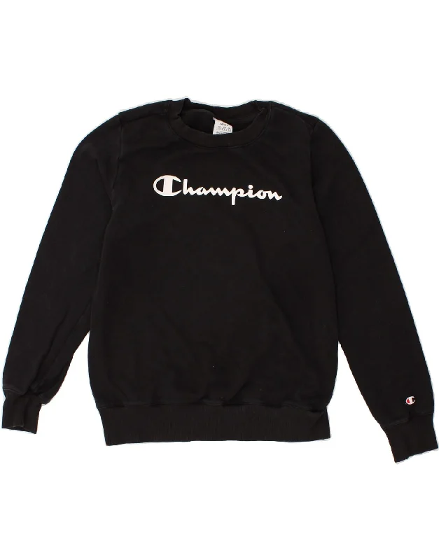 CHAMPION Womens Graphic Sweatshirt Jumper UK 14 Large Black Cotton Hoodie with Puffed Sleeves Voluminous Trendy