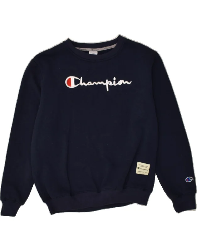 CHAMPION Womens Graphic Sweatshirt Jumper UK 14 Large Navy Blue Cotton Hoodie with Raglan Sleeves Sporty Comfortable