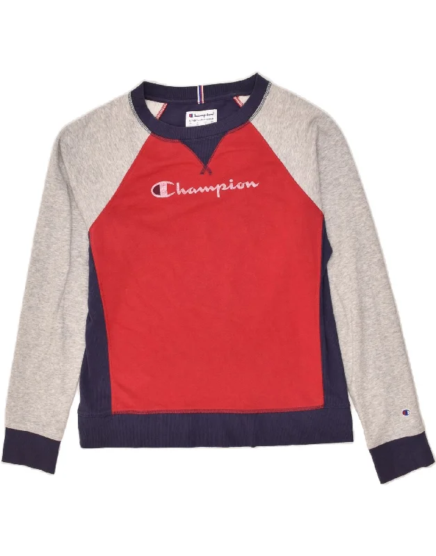 CHAMPION Womens Graphic Sweatshirt Jumper UK 14 Medium Red Colourblock Hoodie with Hem Applique Textured Unique