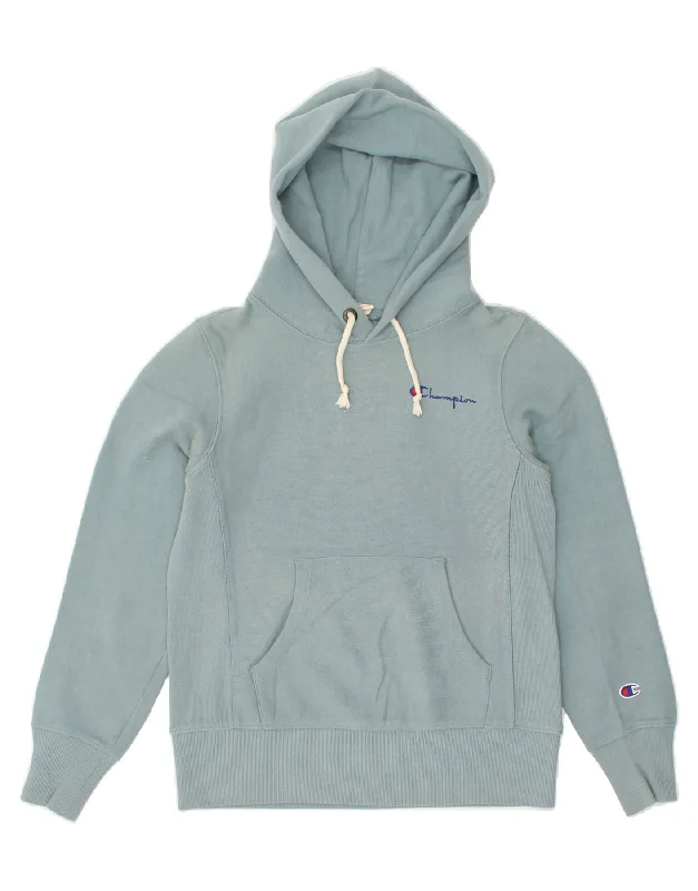 CHAMPION Womens Hoodie Jumper UK 10 Small Blue Cotton Hoodie with High Neck Warm Protective