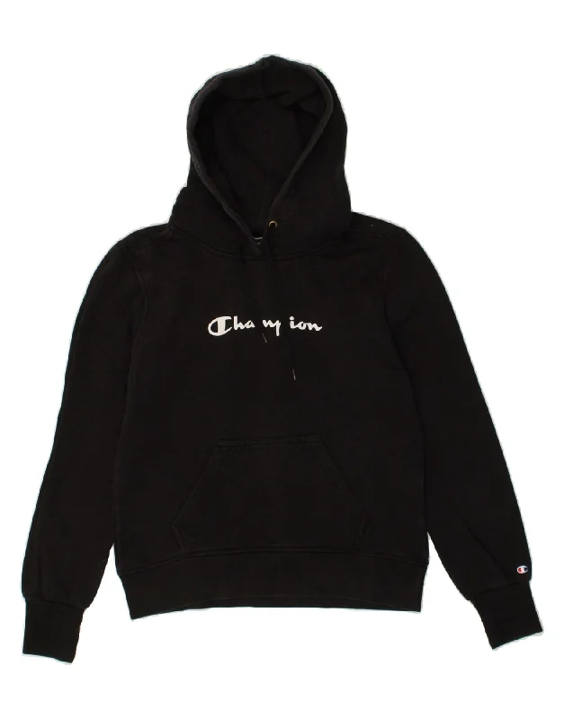 CHAMPION Womens Hoodie Jumper UK 12 Medium Black Cotton Hoodie with Applique Textured Unique