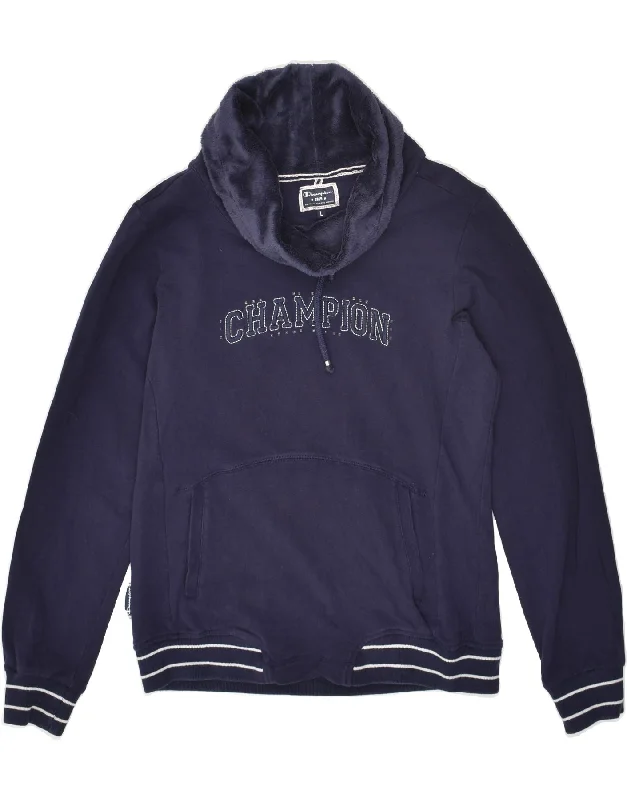 CHAMPION Womens Roll Neck Sweatshirt Jumper UK 16 Large Navy Blue Cotton Hoodie with Oversized Fit Loose Comfortable