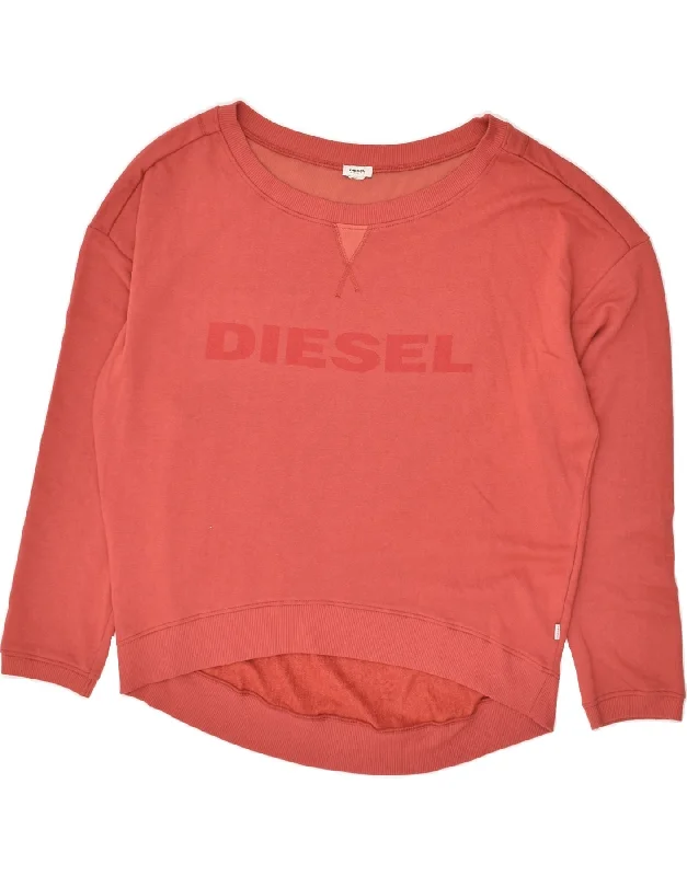 DIESEL Womens Graphic Sweatshirt Jumper UK 18 XL Orange Hoodie with Hem Frayed Vintage Worn